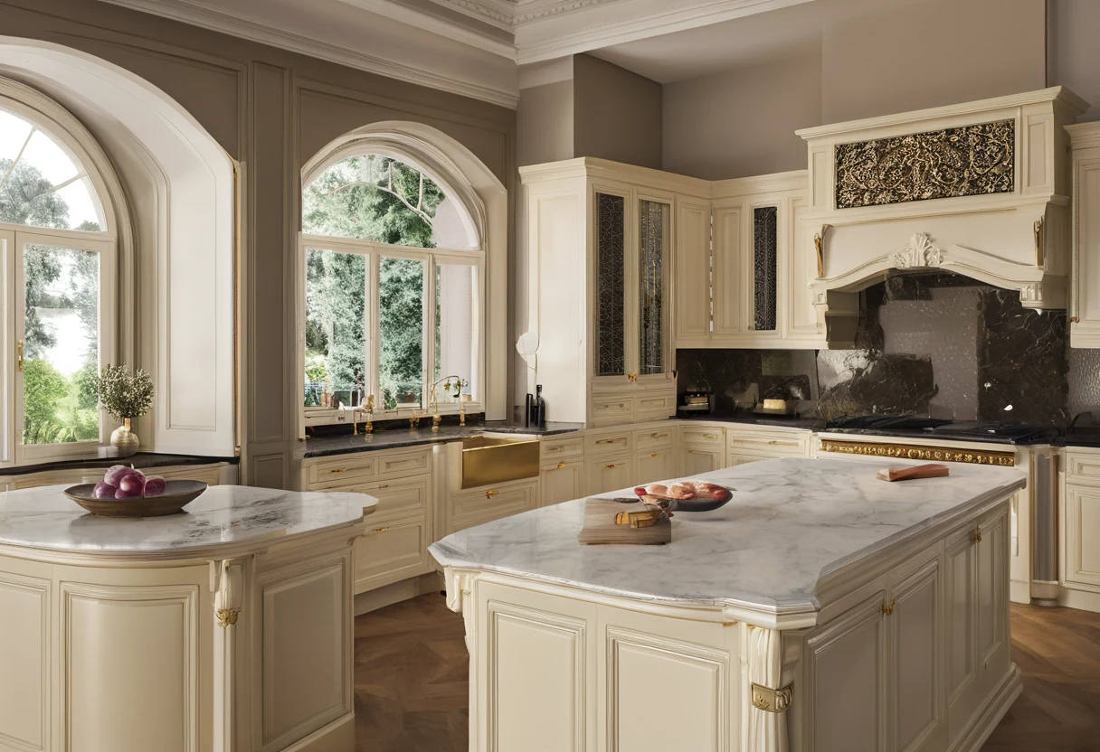 Very large luxury classic kitchen with two islands, paneled cabinetry and distinct work stations