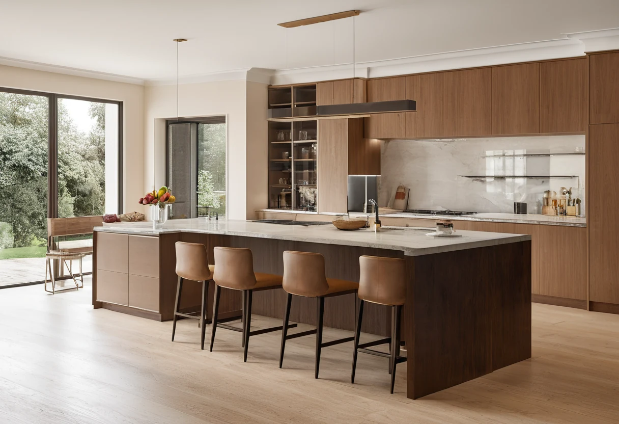 Kitchen island with a family end for stools and homework, set away from the cooking zone in a large classic kitchen