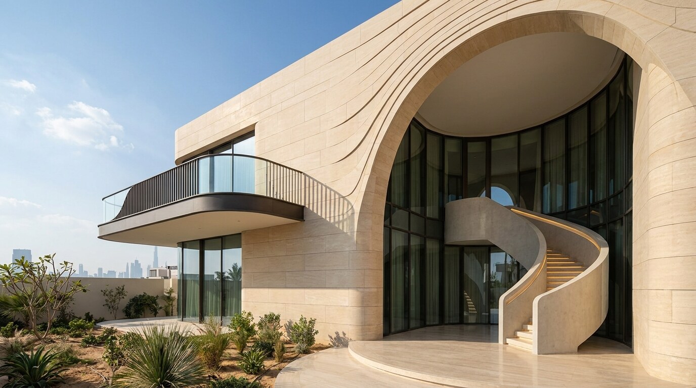 Curved Villa Architecture in Dubai: Arches, Waves, Cantilevers, and Cost Discipline visual reference 1 showing modern Dubai villa facade with curved stone walls, arched openings, and controlled cantilevered balcony