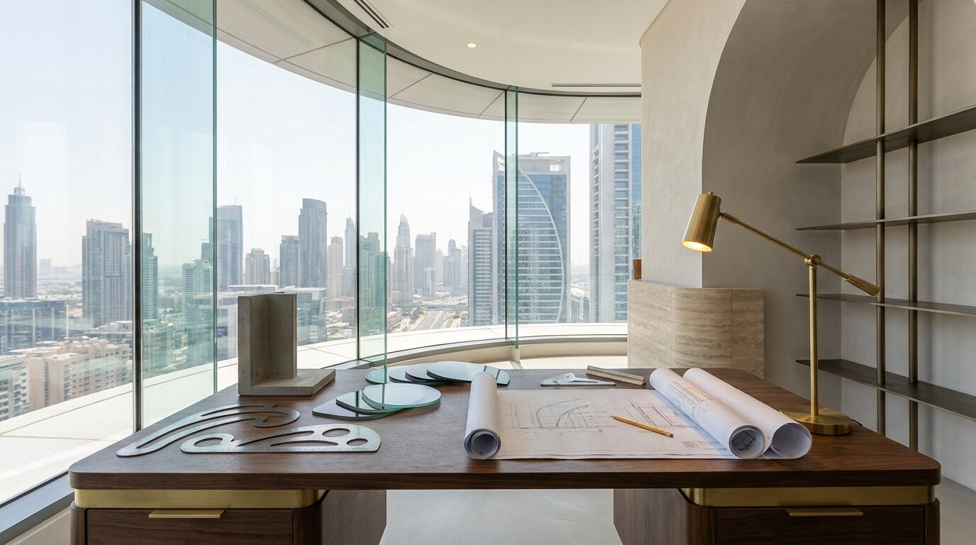 Curved Villa Architecture in Dubai: Arches, Waves, Cantilevers, and Cost Discipline visual reference 2 showing technical design desk with radius templates, curved glass samples, and facade section drawings