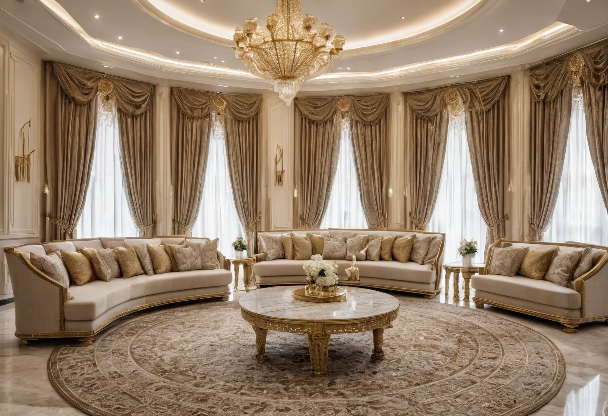 Luxury Dubai villa interior with majlis seating and marble
